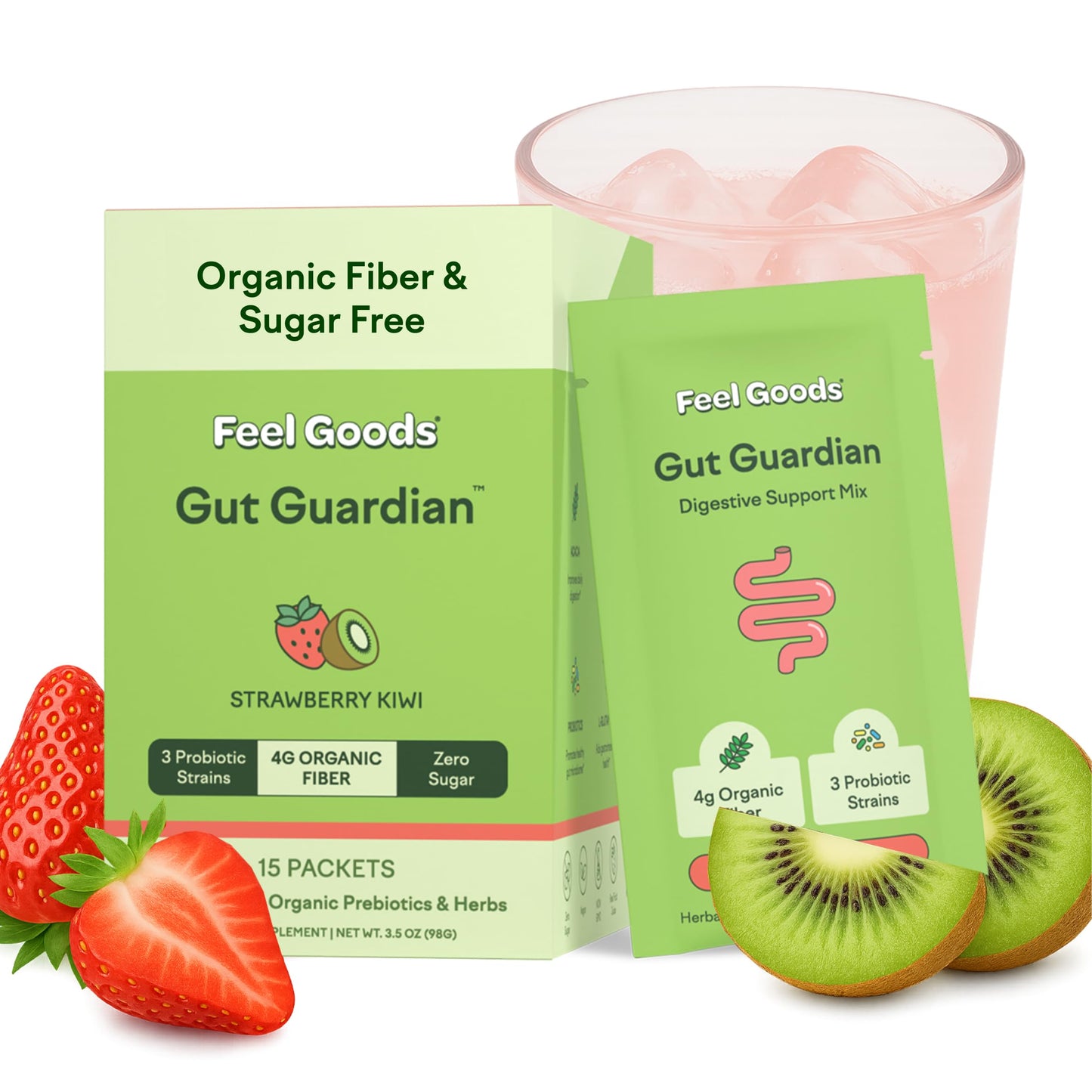 Feel Goods Gut Guardian Organic Fiber, Probiotic & Prebiotic Powder - Sugar Free, Vegan (Strawberry Kiwi) - 15 Count
