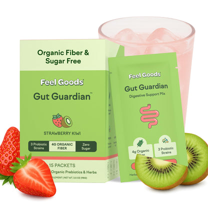 Feel Goods Gut Guardian Organic Fiber, Probiotic & Prebiotic Powder - Sugar Free, Vegan (Strawberry Kiwi) - 15 Count