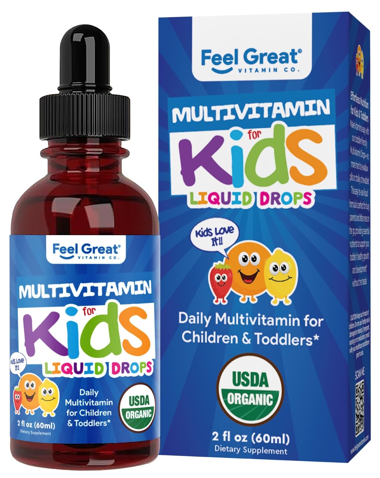 Feel Great Vitamins Organic Multivitamin Liquid Drops for Toddlers & Kids | Sugar-Free & USDA Organic | 2 fl oz