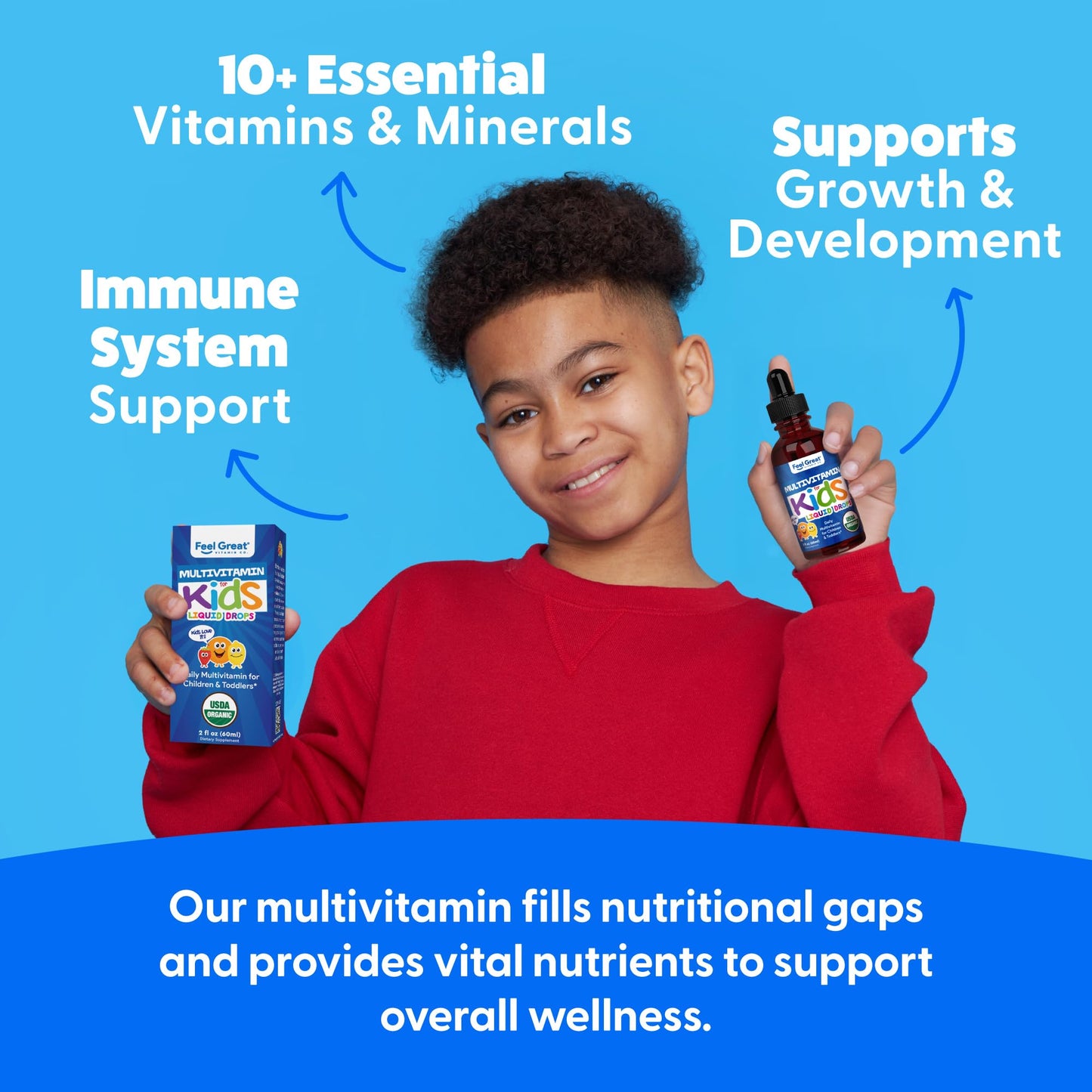 Feel Great Vitamins Organic Multivitamin Liquid Drops for Toddlers & Kids | Sugar-Free & USDA Organic | 2 fl oz