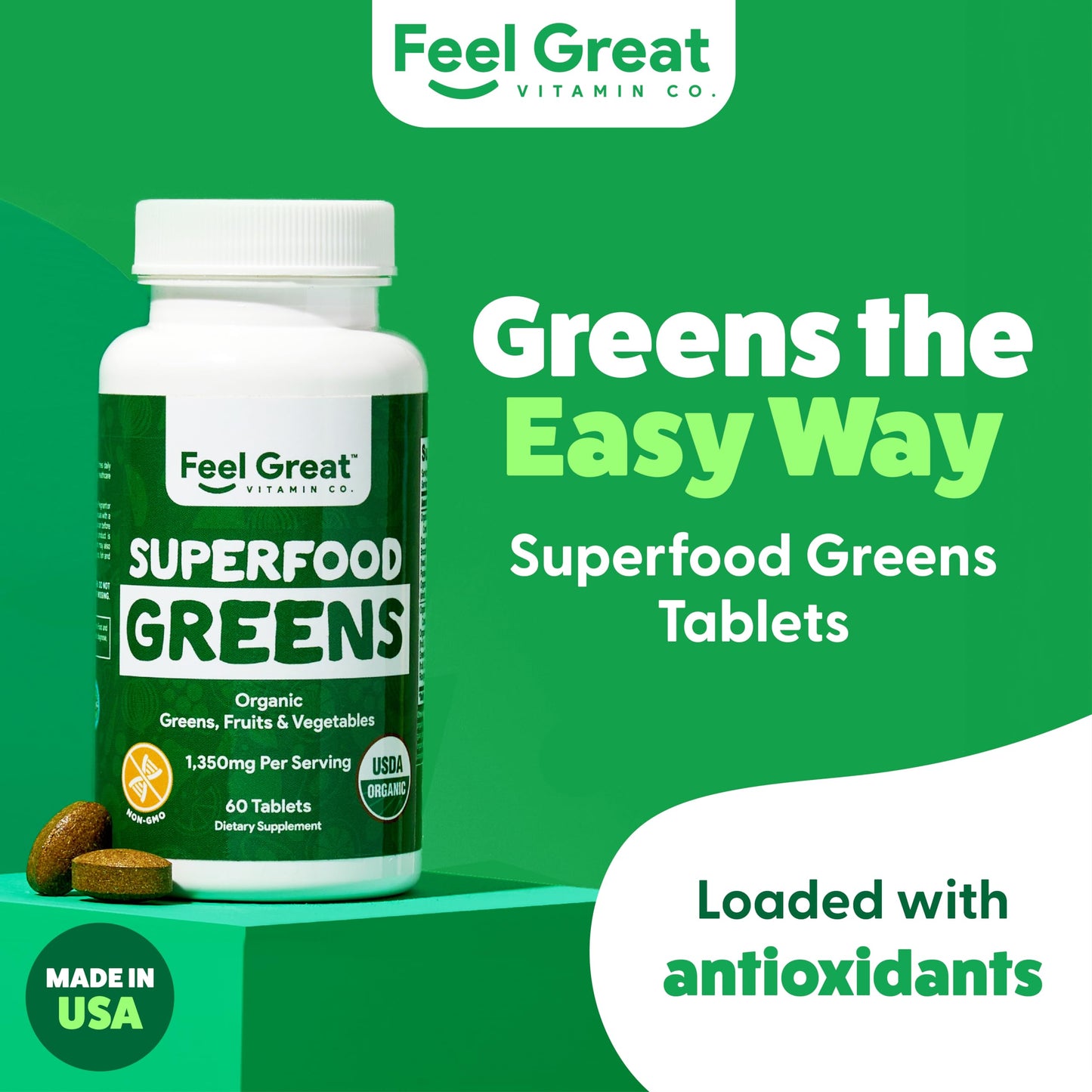 Feel Great Vitamins Super Greens Tablets – Organic Greens, Fruits & Veggies | 60 Tablets