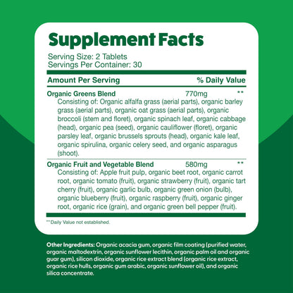 Feel Great Vitamins Super Greens Tablets – Organic Greens, Fruits & Veggies | 60 Tablets