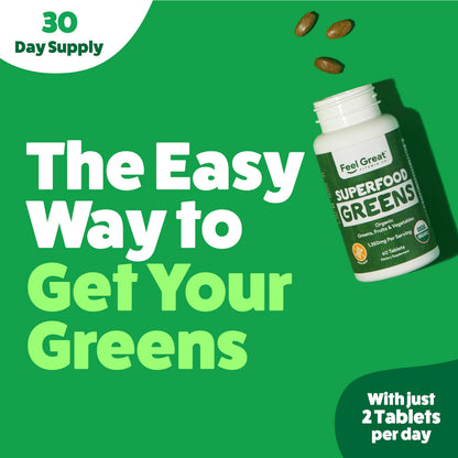 Feel Great Vitamins Super Greens Tablets – Organic Greens, Fruits & Veggies | 60 Tablets