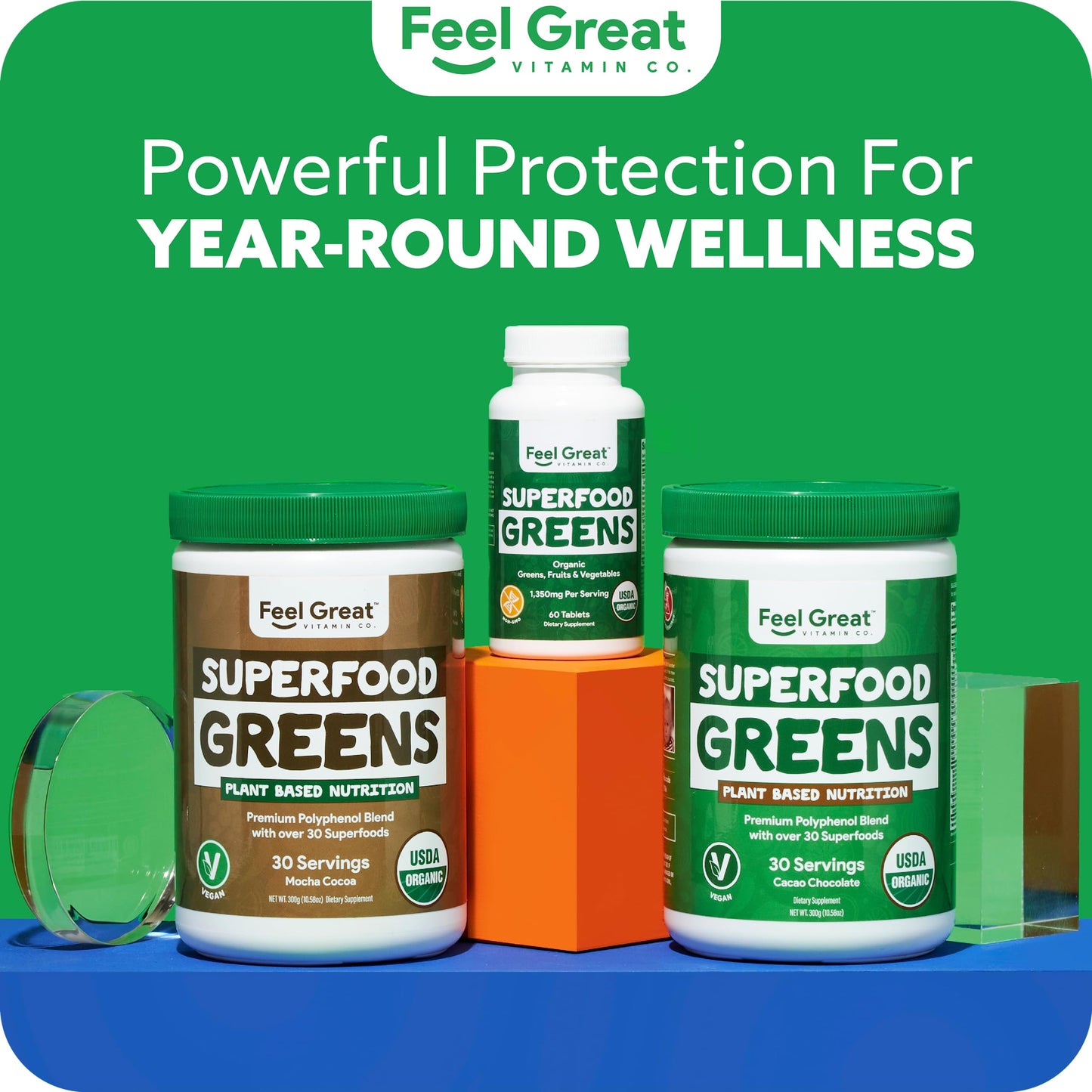 Feel Great Vitamins Super Greens Tablets – Organic Greens, Fruits & Veggies | 60 Tablets