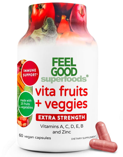 FeelGood Superfoods 1000mg Immune Support Capsules – 25 Organic Fruits & Vegetables, 60 Count