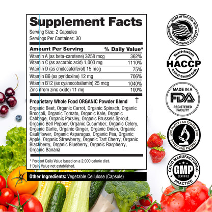 FeelGood Superfoods 1000mg Immune Support Capsules – 25 Organic Fruits & Vegetables, 60 Count