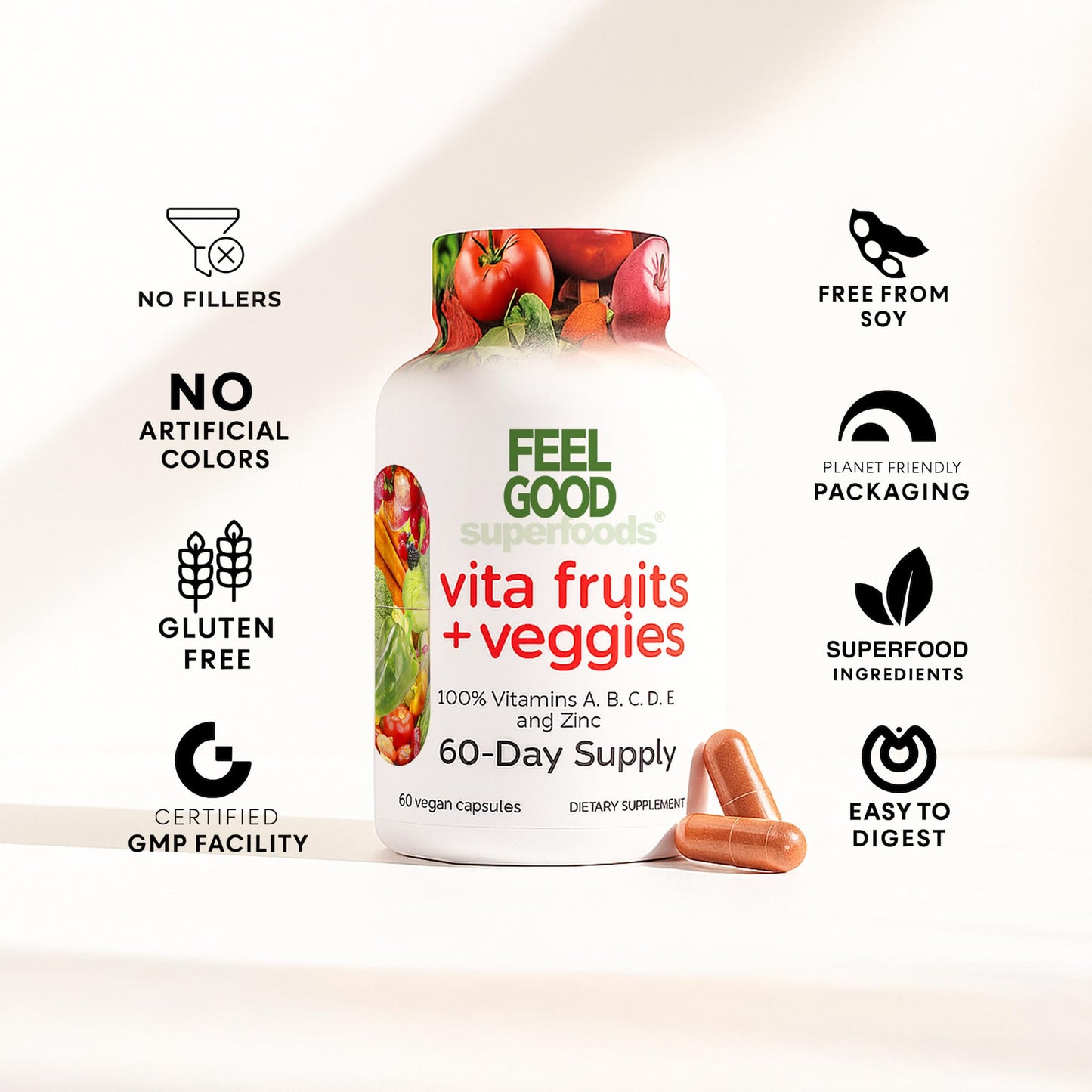FeelGood Superfoods 1000mg Immune Support Capsules – 25 Organic Fruits & Vegetables, 60 Count