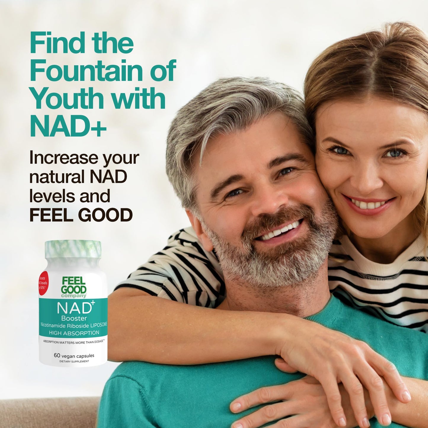 FeelGood NAD+ Nicotinamide Riboside Chloride Supplement – High Absorption, 60 Vegan Capsules | Supports Cellular Health & Energy