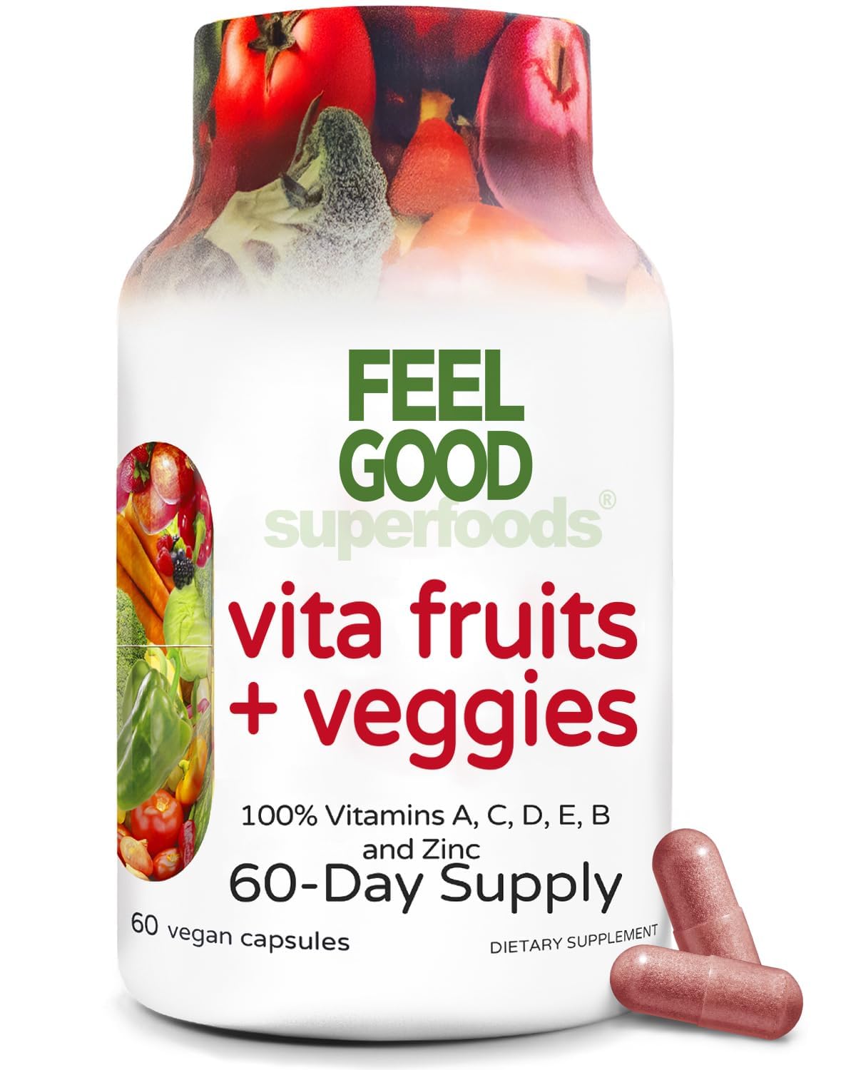 FeelGood Vita Fruits & Veggies Capsules – 25 Superfood Ingredients Multivitamin, 60 Count for Men & Women