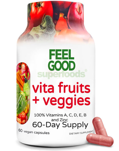 FeelGood Vita Fruits & Veggies Capsules – 25 Superfood Ingredients Multivitamin, 60 Count for Men & Women