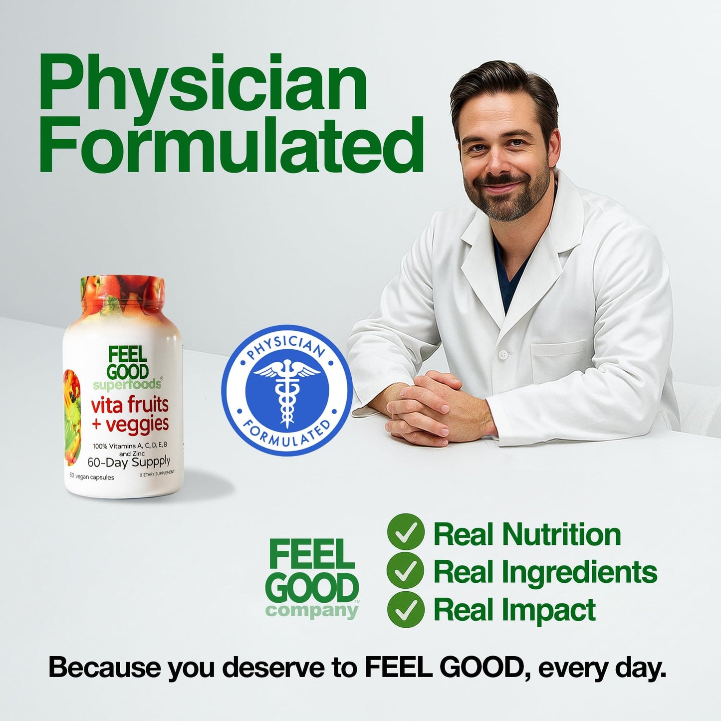 FeelGood Vita Fruits & Veggies Capsules – 25 Superfood Ingredients Multivitamin, 60 Count for Men & Women