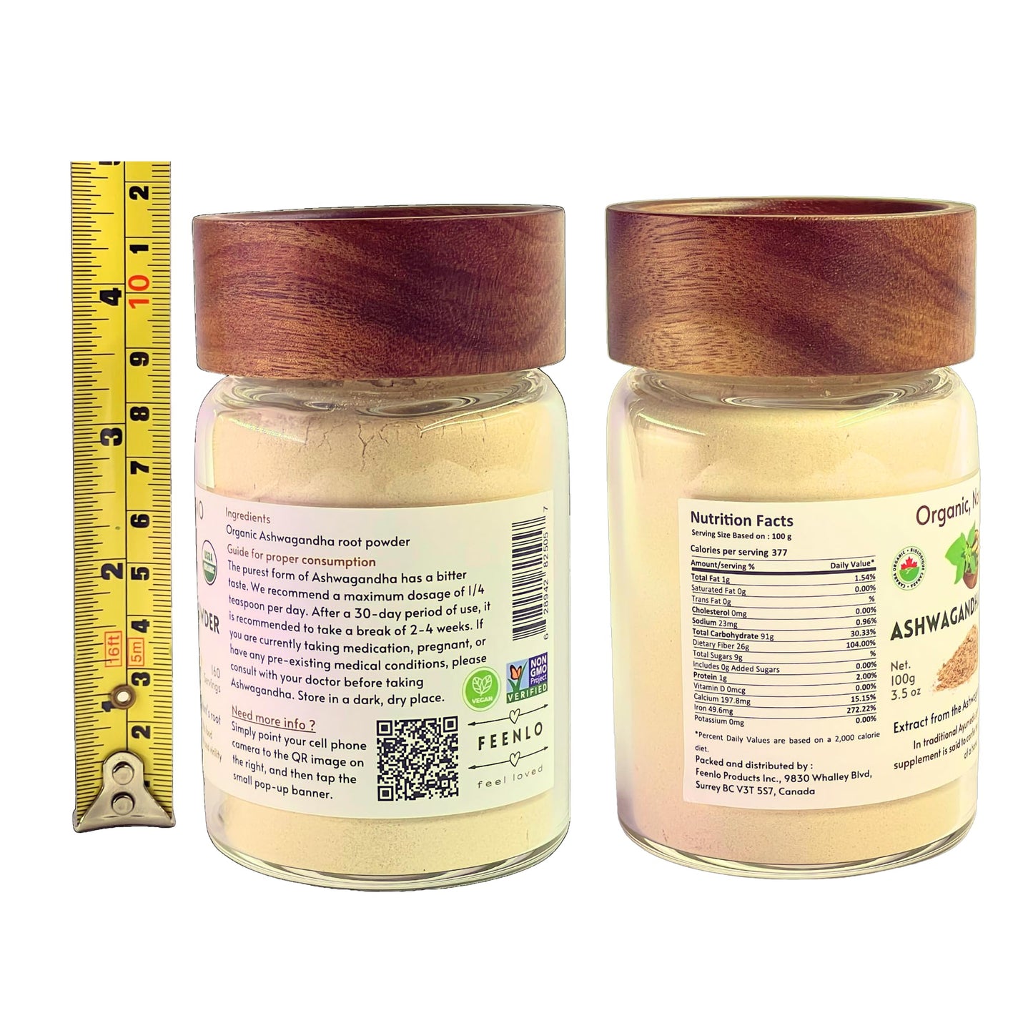 Feenlo Pure Organic Ashwagandha Root Powder in a Glass Jar – Non-GMO | 100g | Best Before Mar 31, 2027