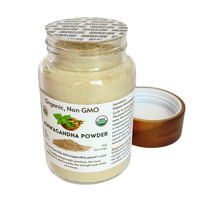 Feenlo Pure Organic Ashwagandha Root Powder in a Glass Jar – Non-GMO | 100g | Best Before Mar 31, 2027