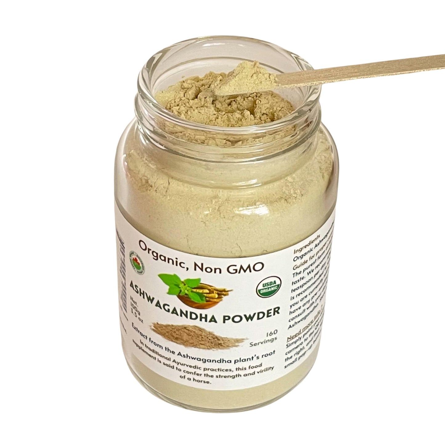 Feenlo Pure Organic Ashwagandha Root Powder in a Glass Jar – Non-GMO | 100g | Best Before Mar 31, 2027