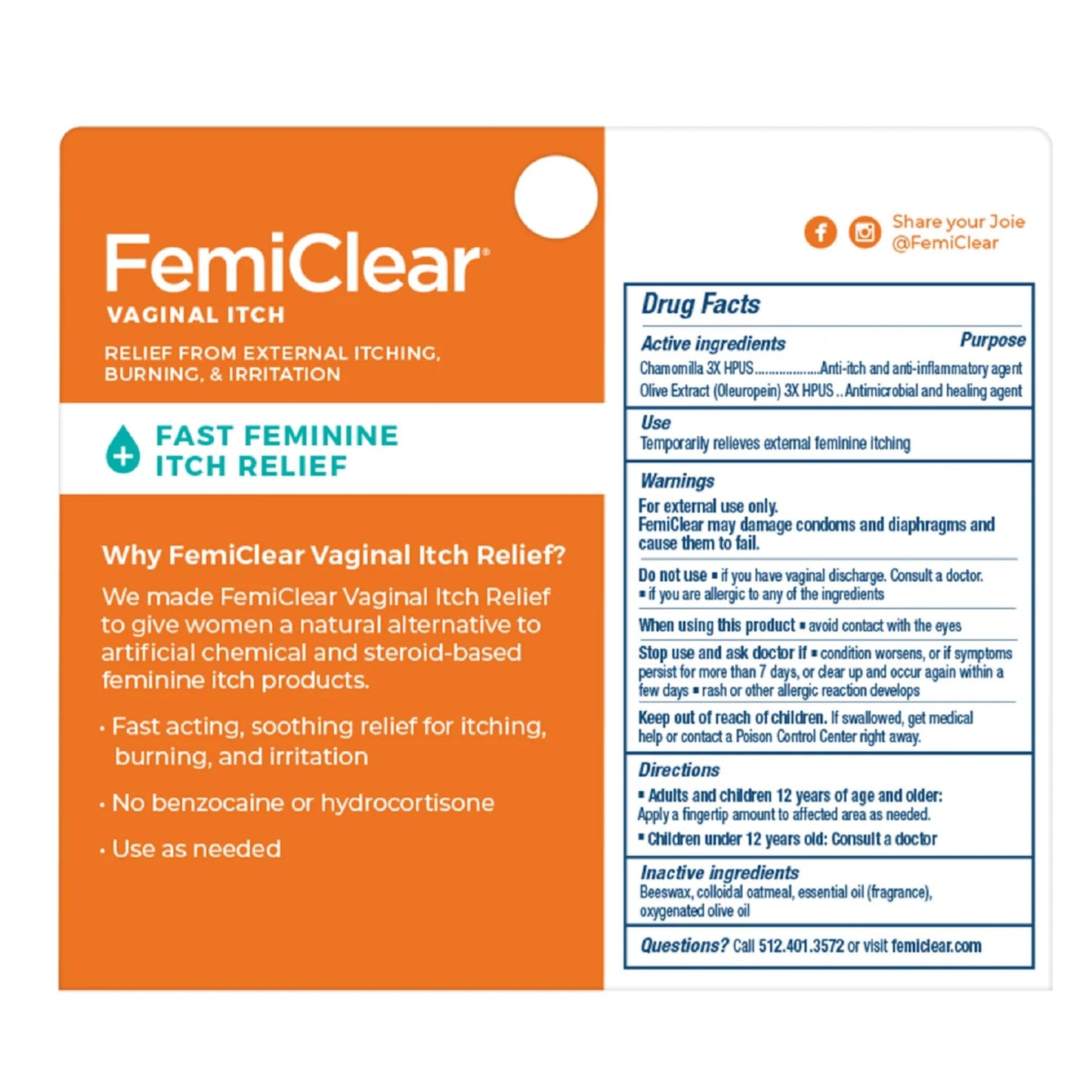 FemiClear Vaginal Itch Relief | All-Natural, Organic, Steroid-Free | 0.5oz Tube