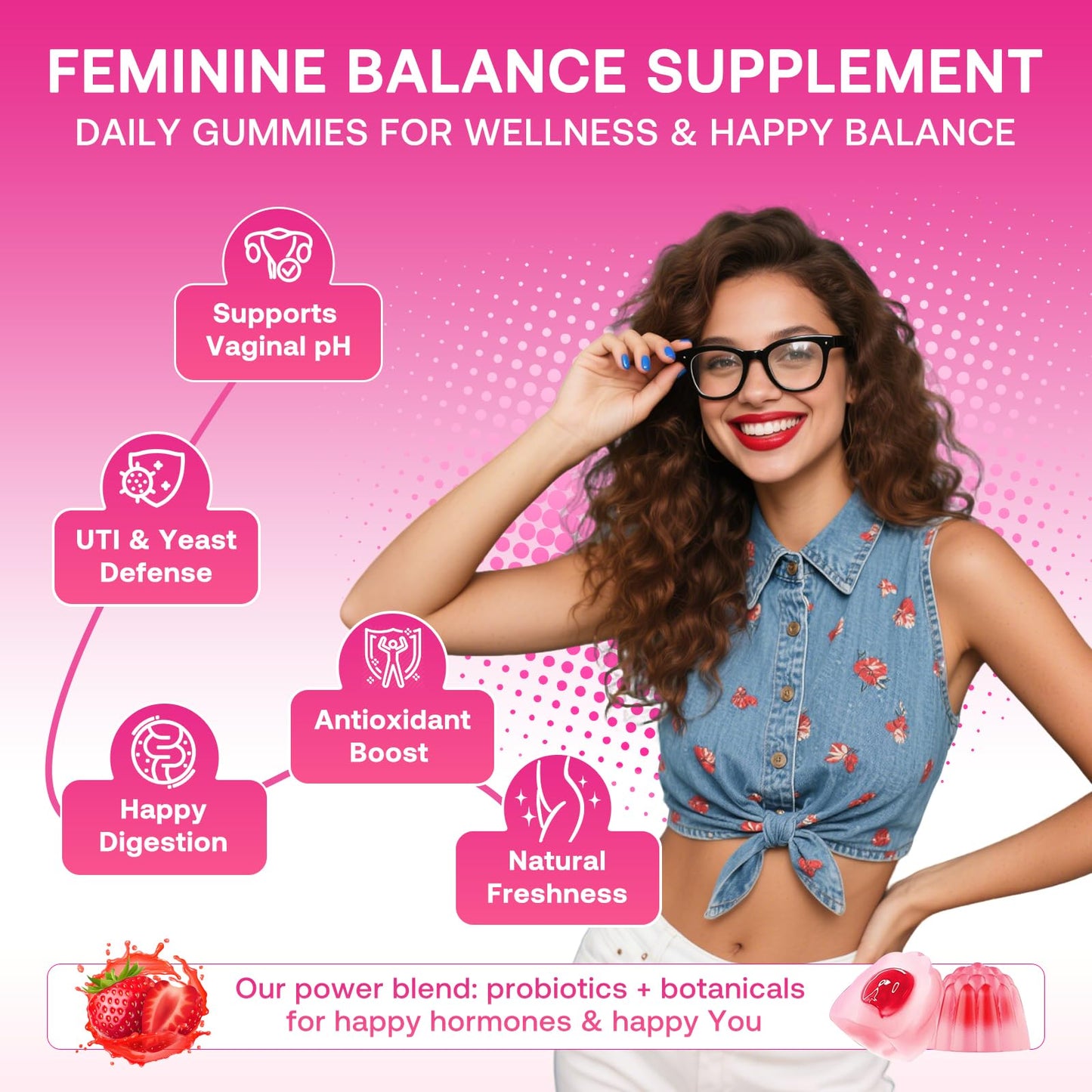 Feminine Balance Gummies for Women, Premium Ph Balance Gummies with Probiotic for Vaginal Flora Balance, Immune Support Supplement, Gluten-Free, Strawberry Flavor with Liquid Filled, 120 Count