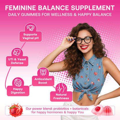 Feminine Balance Gummies for Women, Premium Ph Balance Gummies with Probiotic for Vaginal Flora Balance, Immune Support Supplement, Gluten-Free, Strawberry Flavor with Liquid Filled, 120 Count