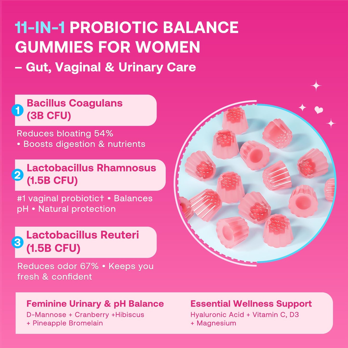 Feminine Balance Gummies for Women, Premium Ph Balance Gummies with Probiotic for Vaginal Flora Balance, Immune Support Supplement, Gluten-Free, Strawberry Flavor with Liquid Filled, 120 Count