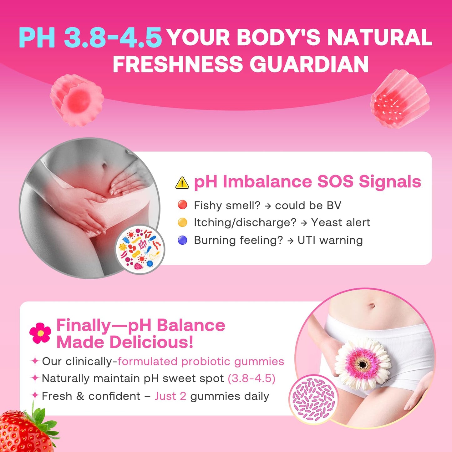 Feminine Balance Gummies for Women, Premium Ph Balance Gummies with Probiotic for Vaginal Flora Balance, Immune Support Supplement, Gluten-Free, Strawberry Flavor with Liquid Filled, 120 Count