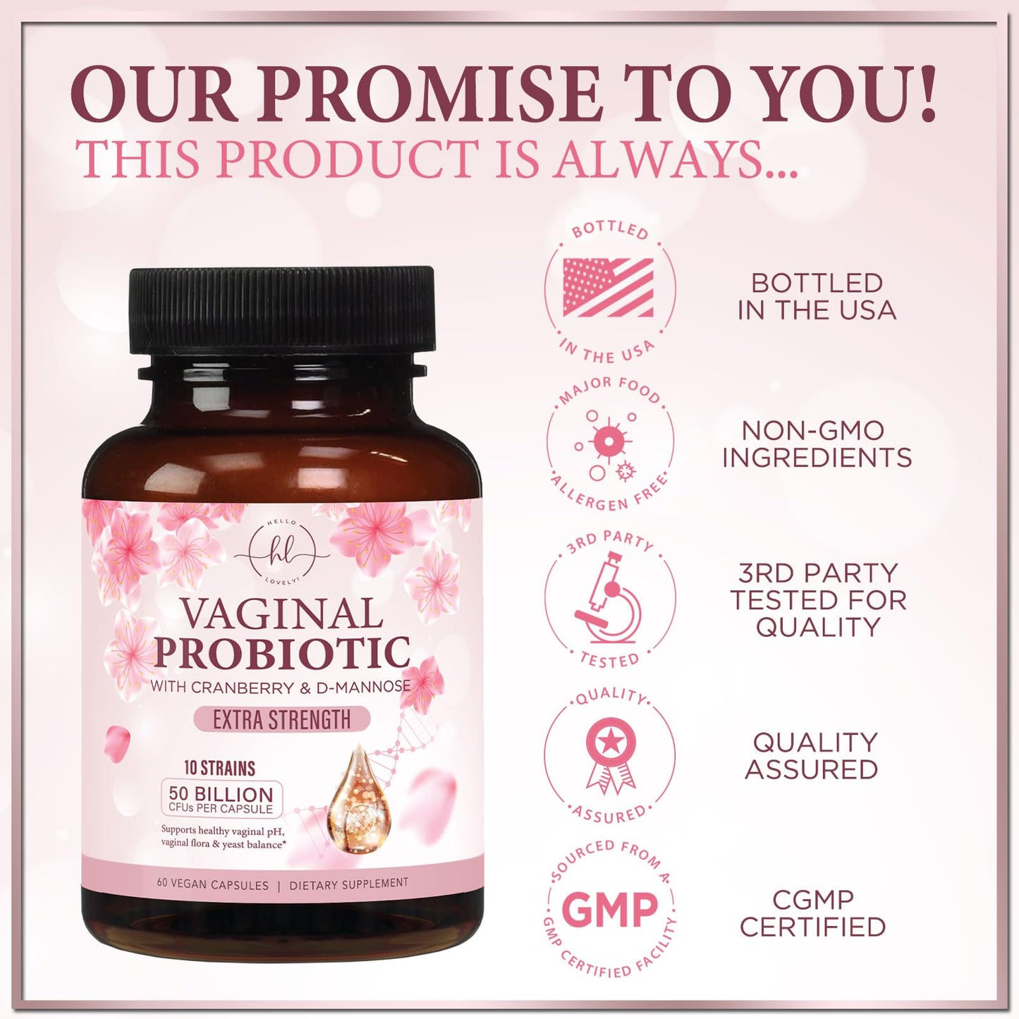 Vaginal Probiotics 50B CFU - 10 Strains with Cranberry & D-Mannose | Vaginal pH & Flora Balance - 60 Capsules