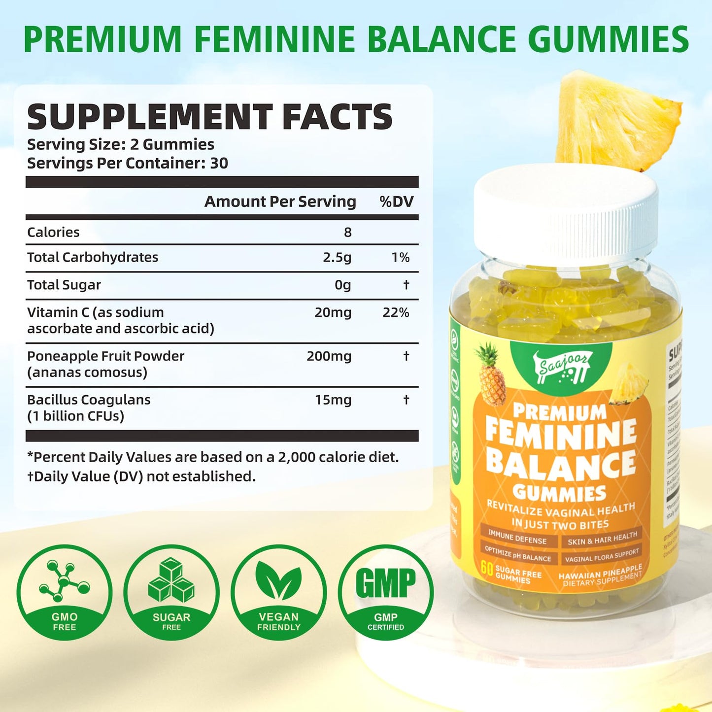 Premium Feminine Balance Gummies for Women's Immune Health – Pineapple Flavor, 120 Count | Vegan & Gluten-Free