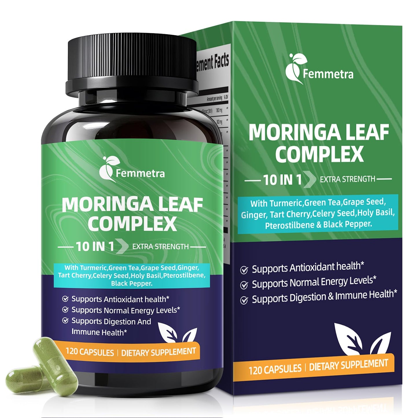 Femmetra Moringa Turmeric Capsules – 10-in-1 Moringa Leaf Complex | Energy & Digestive Support | 60 Day Supply