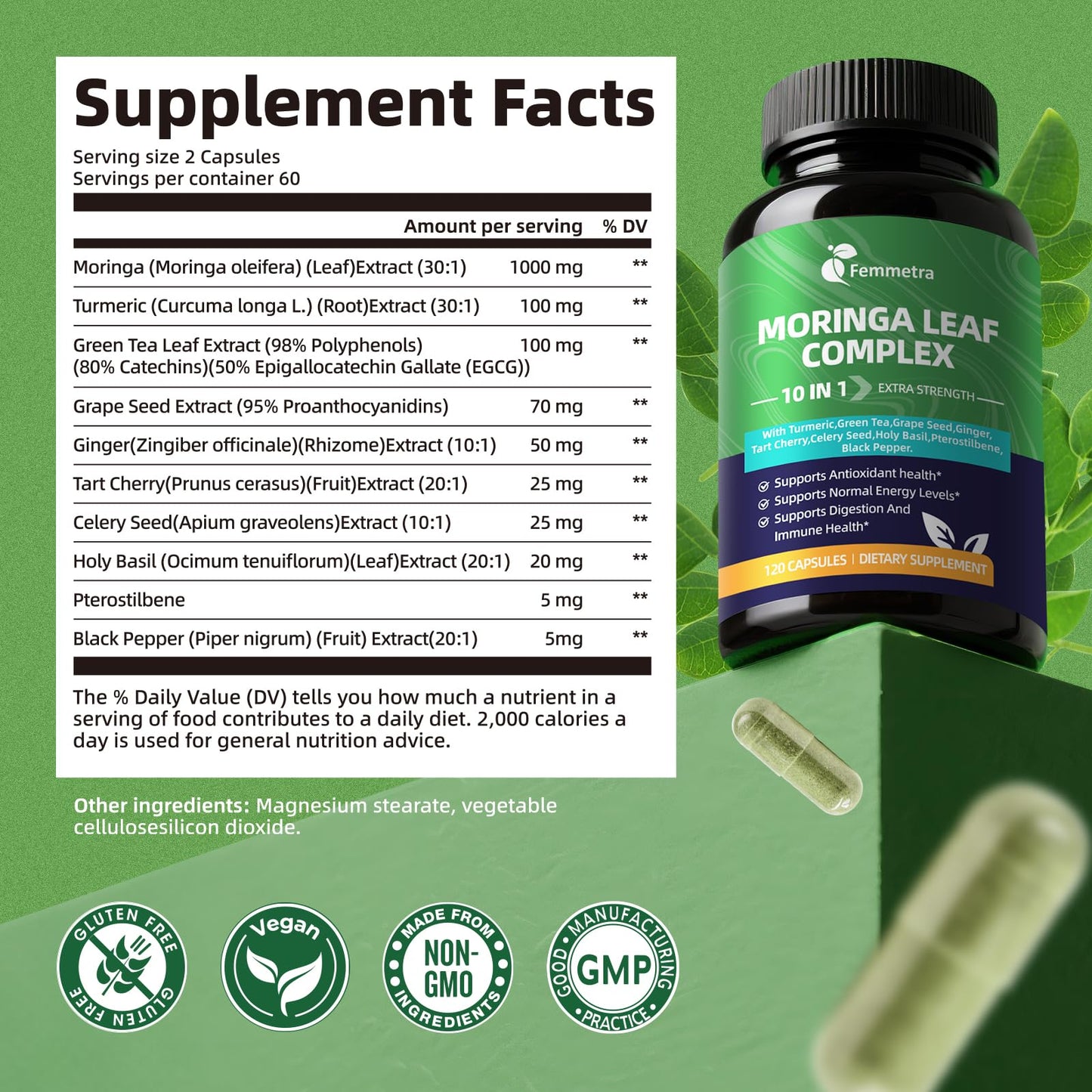 Femmetra Moringa Turmeric Capsules – 10-in-1 Moringa Leaf Complex | Energy & Digestive Support | 60 Day Supply