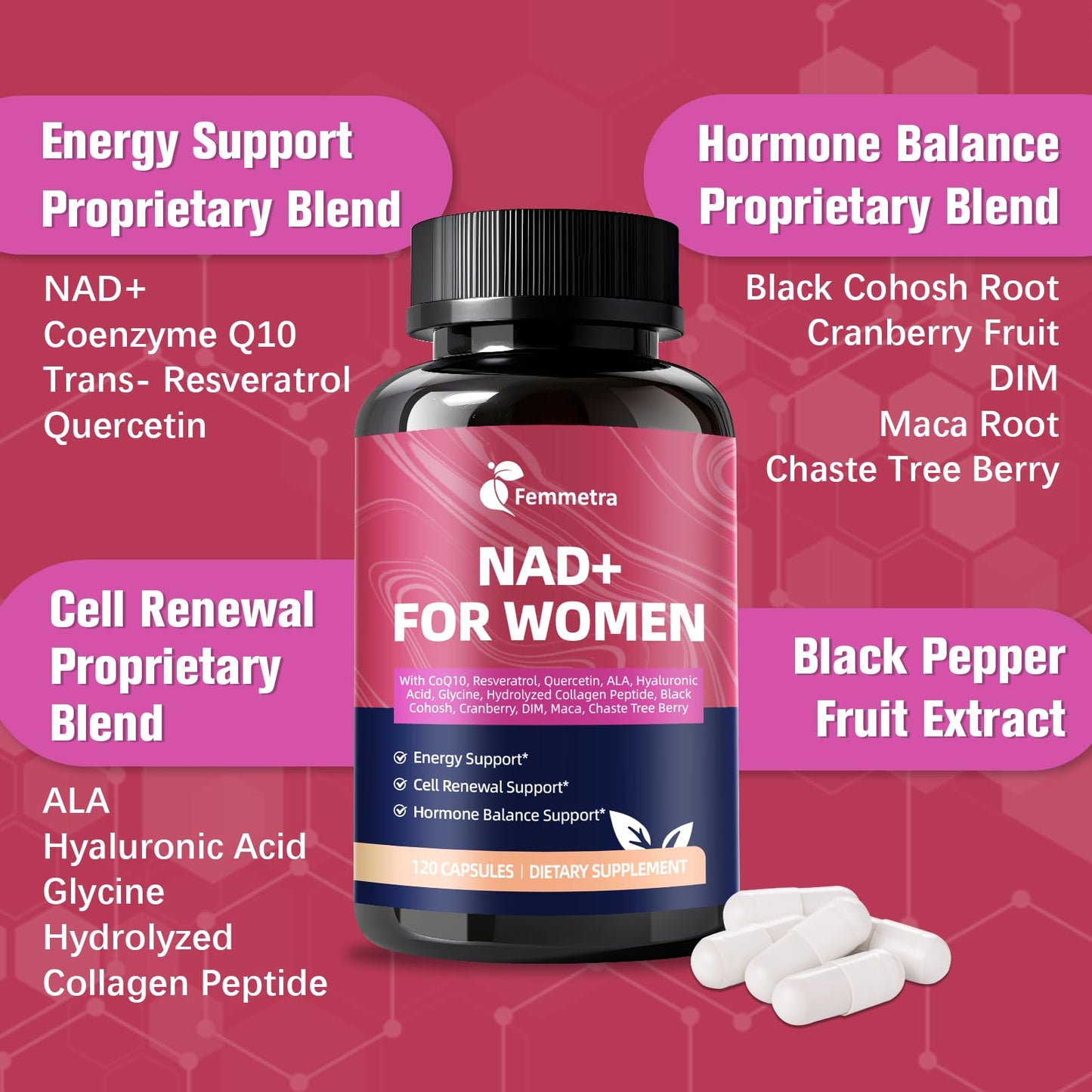 Femmetra NAD+ Supplements for Women – Hormone Balance, Energy & Anti-Aging (120 Caps)
