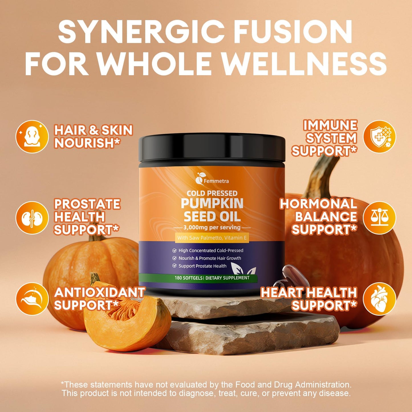 Femmetra Pumpkin Seed Oil with Saw Palmetto Capsules – 180 Softgels | Hair, Prostate & Urinary Health | Vegan & Non-GMO
