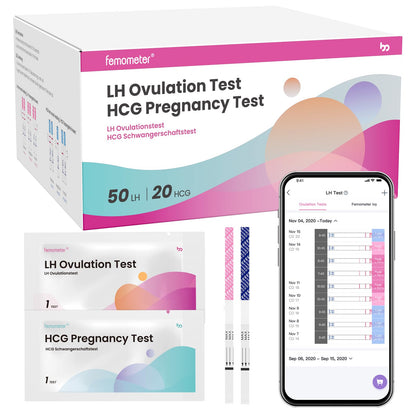Femometer Home LH & HCG Test Strip Kit – 50 Ovulation, 20 Pregnancy Strips, 99% Accurate