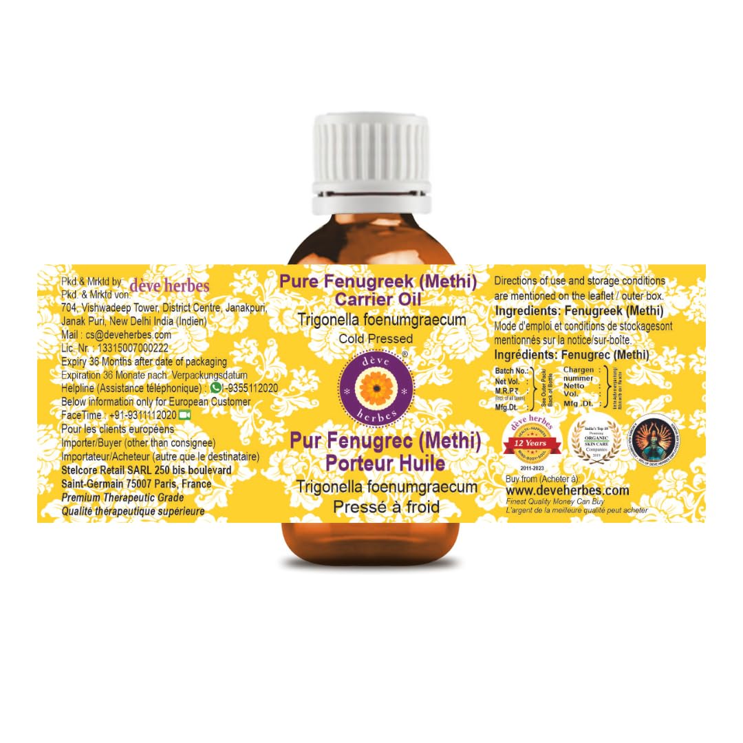Deve Herbes Pure Fenugreek Carrier Oil (Methi) - Trigonella foenumgraecum - 100% Natural Therapeutic Grade Cold Pressed 100ml