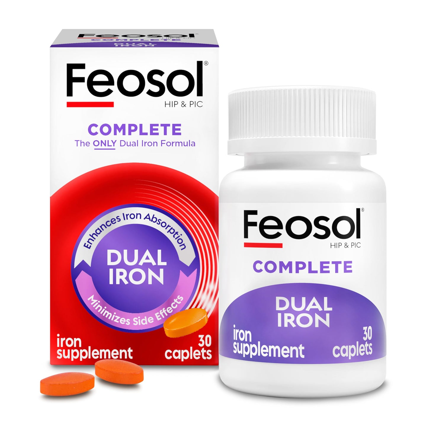 Feosol Complete Iron Supplement Caplets – Bifera Iron for High Absorption, 28 mg, Made in USA, 30 Count