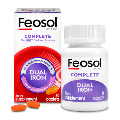 Feosol Complete Iron Supplement Caplets – Bifera Iron for High Absorption, 28 mg, Made in USA, 30 Count