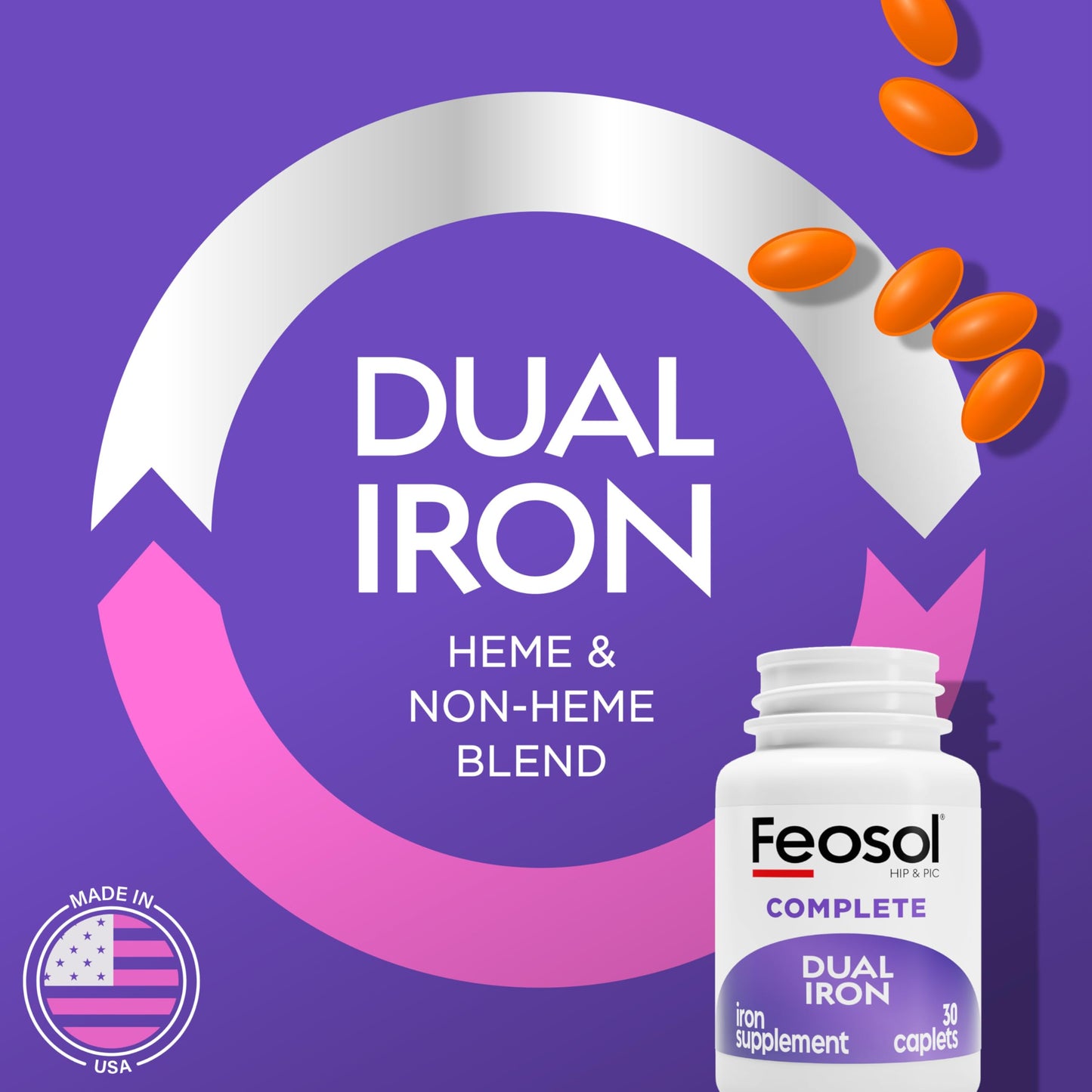 Feosol Complete Iron Supplement Caplets – Bifera Iron for High Absorption, 28 mg, Made in USA, 30 Count