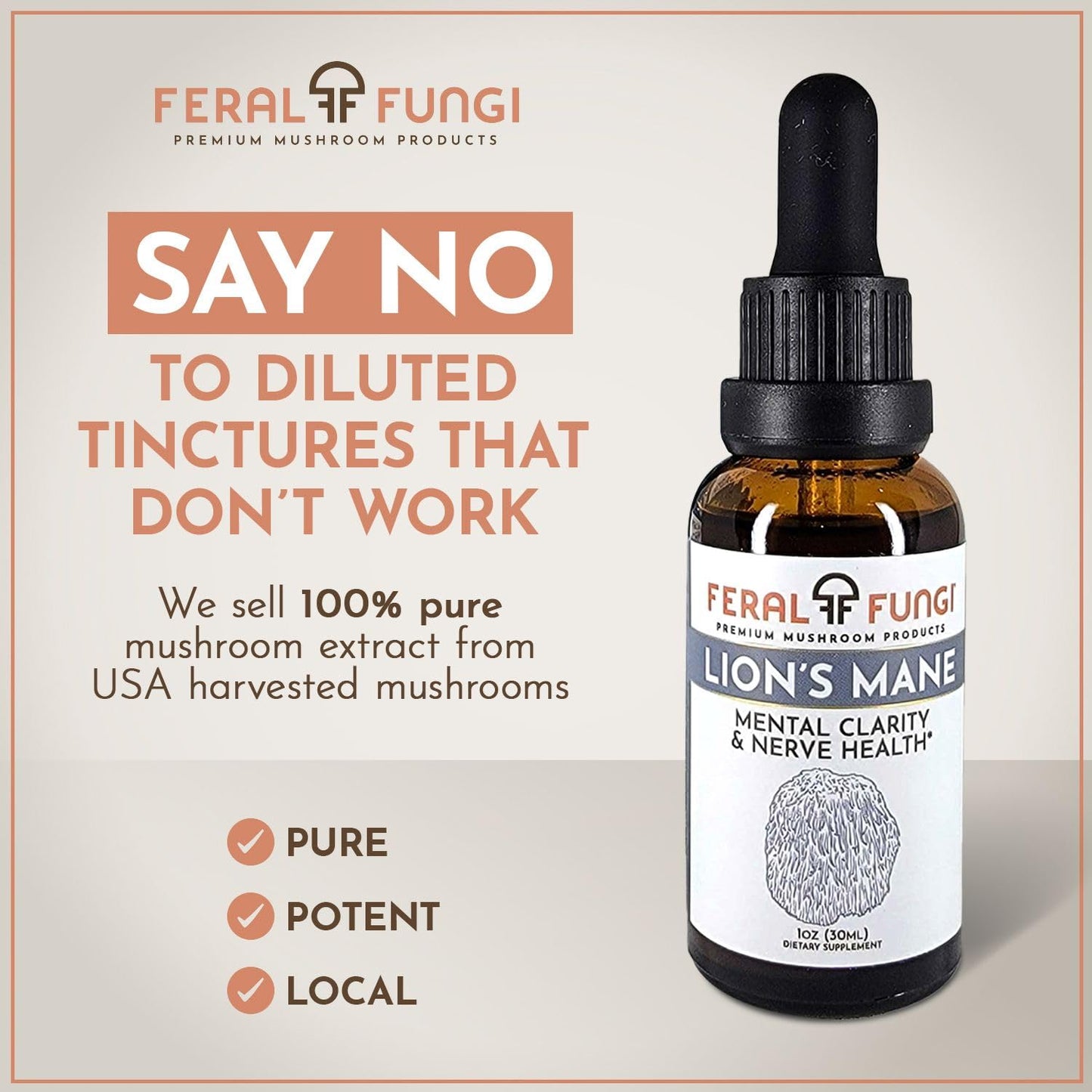 Feral Fungi Lion's Mane Tincture - 1 oz | 100% Pure USA-Grown Mushroom Extract