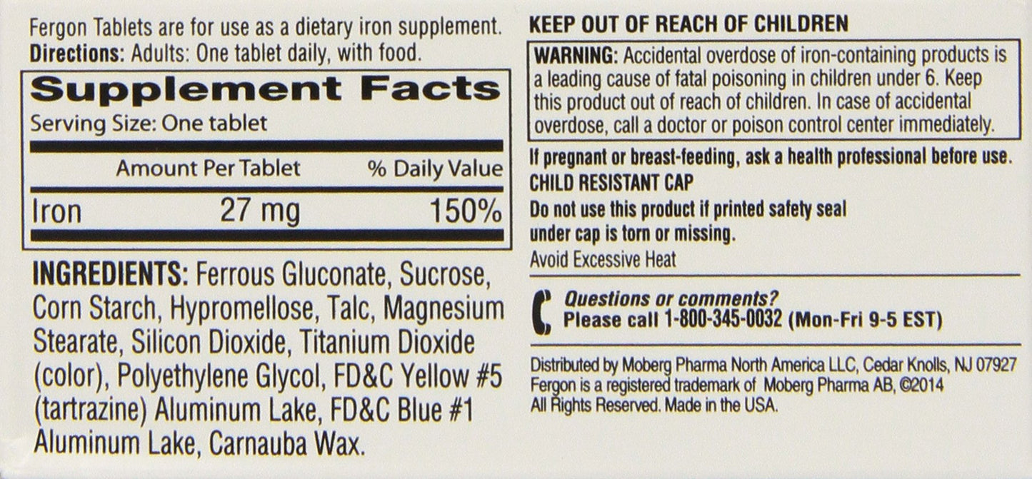 Fergon Iron Supplement – Iron Tablets, 100 Count (Pack of 3)