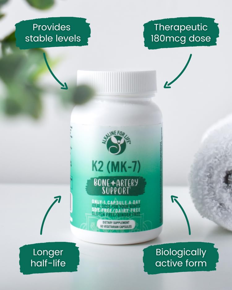 Alkaline for Life Vitamin K2 MK-7 (MenaQ7) 180 mcg | Fermented Chickpeas | One-Per-Day | 60 Day Supply | Supports Bone & Heart Health | Easy to Swallow