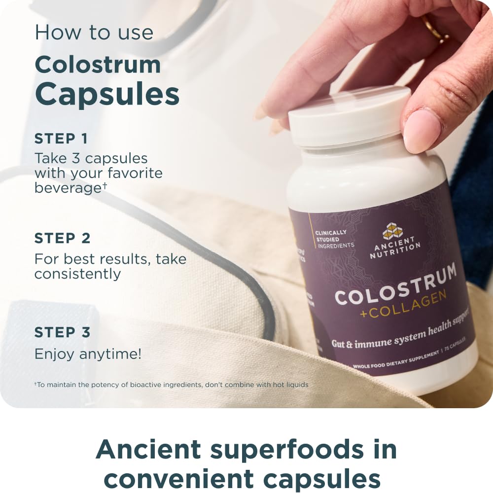 Ancient Nutrition Colostrum Superfood + Collagen – Grass-Fed Bovine Colostrum & Fermented Eggshell Membrane, 75 Count