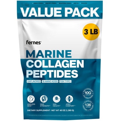 Fernes Marine Collagen Peptides – Type I Fish, Flavorless & Odorless, 3LB | Gluten-Free, Non-GMO, Keto & Paleo