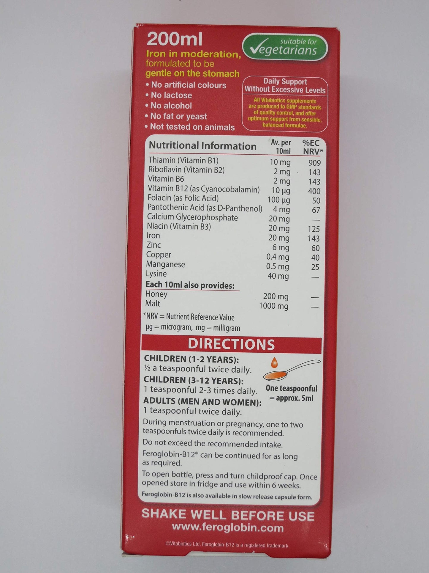 Feroglobin Vitabiotics Iron & B12 Liquid Supplement 200ml