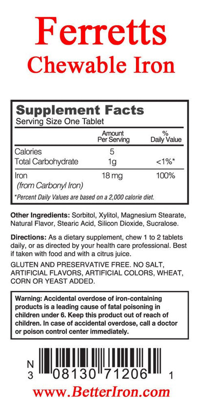 Ferretts Chewable Iron 18mg (Carbonyl Iron) – 60-Count Lemon-Lime Iron Chewables