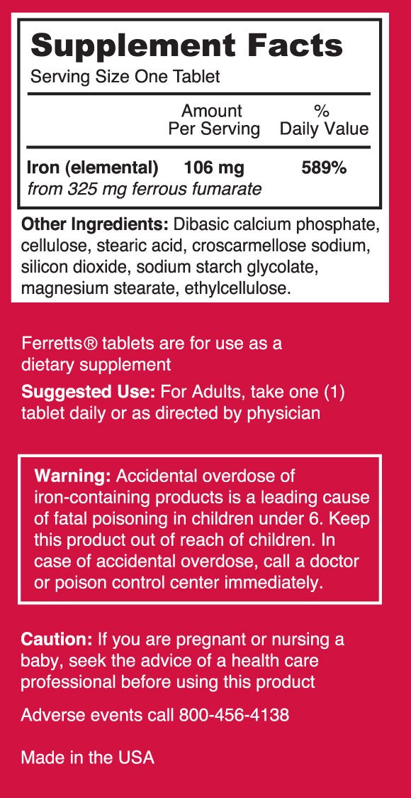 Ferretts Iron Tablets 106mg (325mg Ferrous Fumarate) – 60 Day Supply