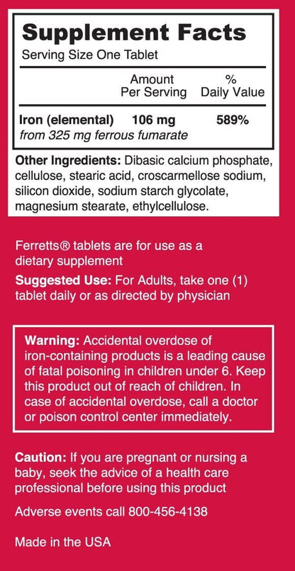 Ferretts Iron Tablets 325mg Ferrous Fumarate 2 Pack (120 Total)