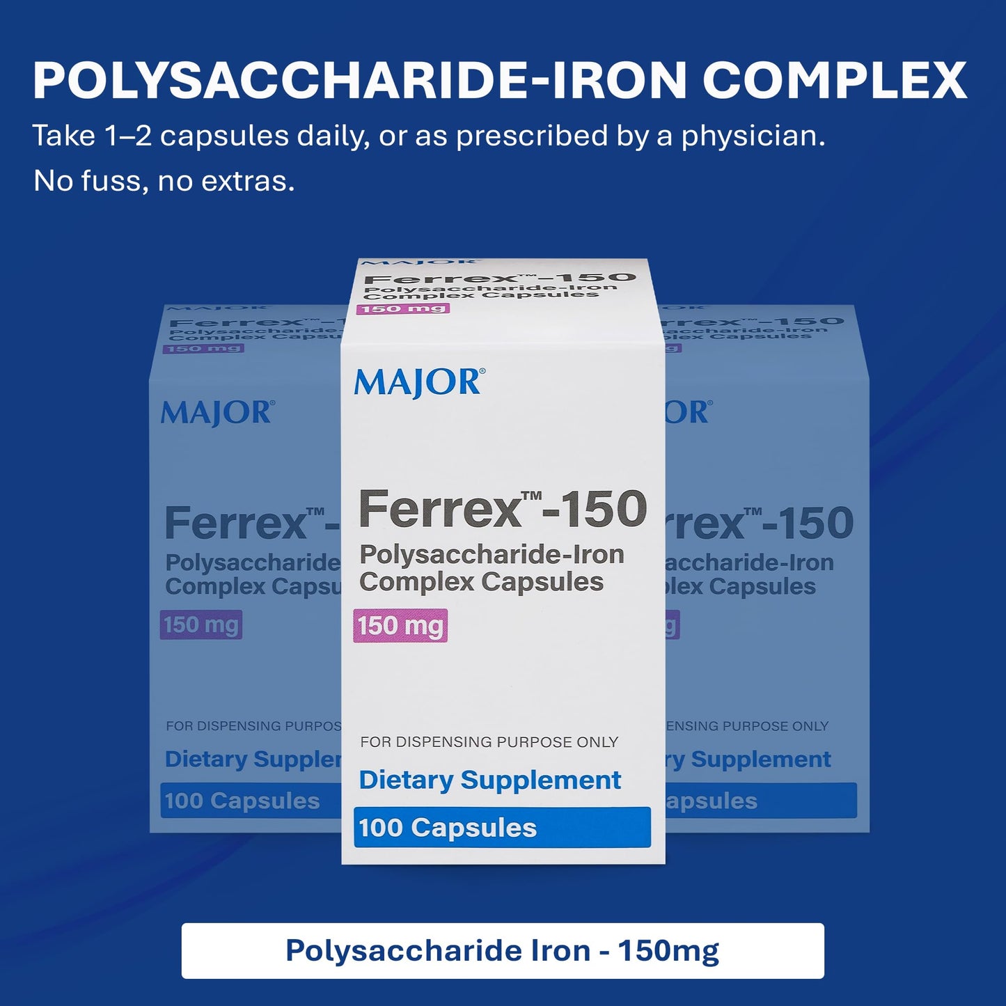 MAJOR Ferrex-150 Polysaccharide-Iron Capsules – 150mg Iron, 100 Capsules