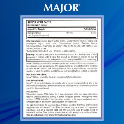 MAJOR Ferrex-150 Polysaccharide-Iron Capsules – 150mg Iron, 100 Capsules