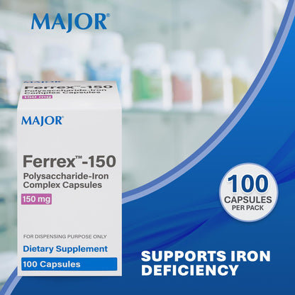 MAJOR Ferrex-150 Polysaccharide-Iron Capsules – 150mg Iron, 100 Capsules