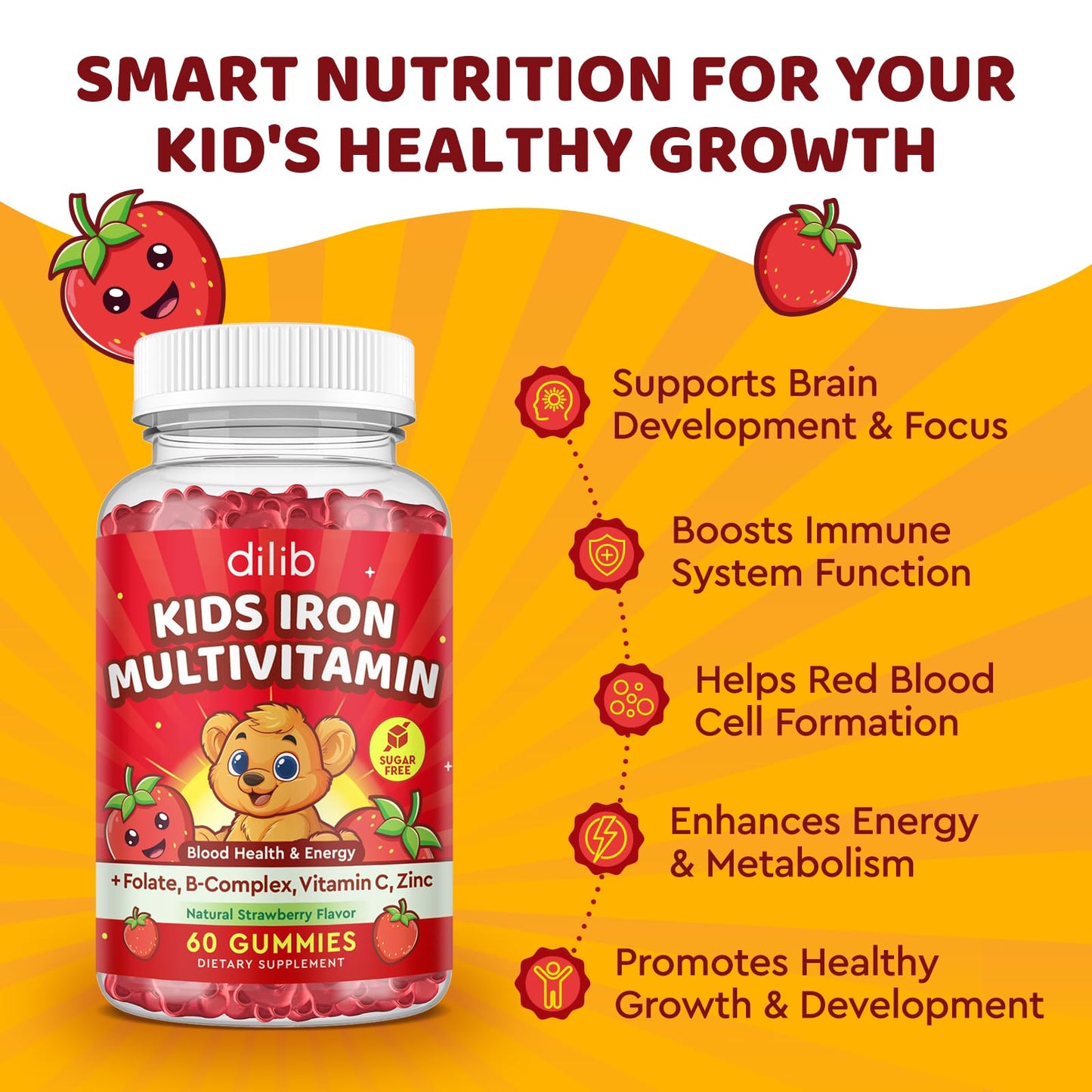 Iron Gummy Multivitamin for Kids – Iron, Zinc & B-Complex (60 Gummies) | Strawberry