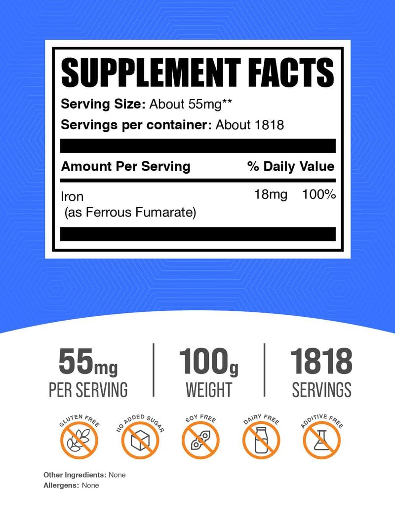 Ferrous Fumarate Powder – Iron Supplement, Gluten Free, 55 mg per Serving | BulkSupplements