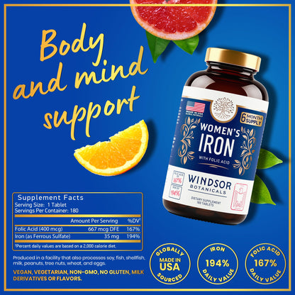 Iron and Folic Acid for Women – Gentle 35mg Iron, 400mcg Folic Acid – Vegan, 180 Tablets