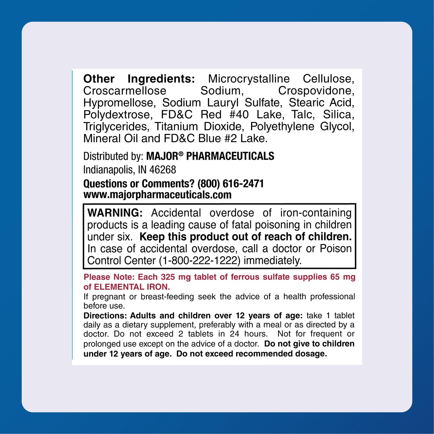 Major FeroSul Ferrous Sulate 325 mg – Iron Supplement for Women & Men, Easy-to-Swallow Red Tablets, 1000 Count